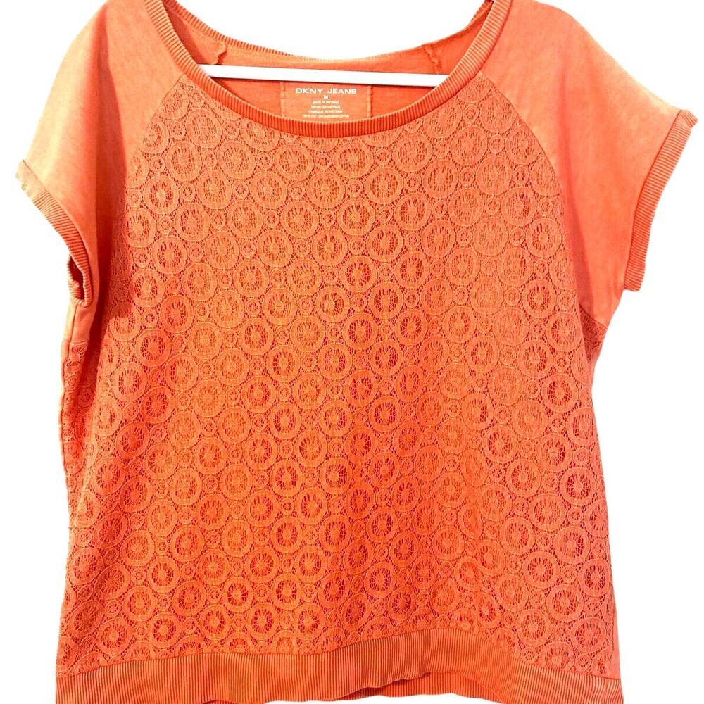 DKNY Womens Crochet Lace-look Knit Top Size M Blouse Peach Pullover Feminine